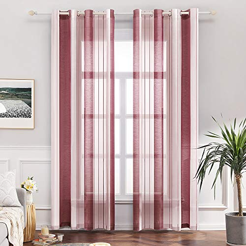 MIULEE Gardinen Gestreift Transparent mit Ösen-Voile Vorhänge Wohnzimmer Modern 2er Set, Vorhang Schlafzimmer Transparent mit Weinrot Weiss Gestreift Muster Vorhang Halbtransparent Streifen 140X225 CM
