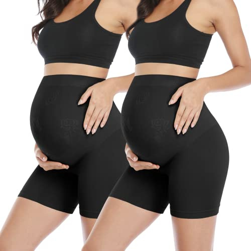 POSHGLAM Women's Maternity Shapewear Seamless Pregnancy Underwear Belly Support High Waist Mid-Thigh Panties Shorts, Black 2 Pack, XXL