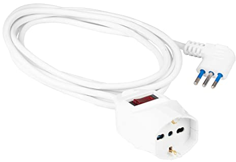 POLY POOL - PP2635 Prolunga Elettrica con Cavo Elettrico Bianco Estensibile 3 Metri - Spina 10A Salvaspazio e Presa Grande Schuko 10A/16A 2P+T Pluristandard - Prolunga con Interruttore di Sicurezza