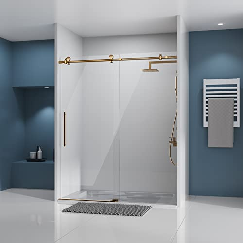 DELAVIN Frameless Shower Door, 56-60 W x 75 H Sliding Glass Shower Door, SGCC Certified Clear Tempered Glass with Explosion-Proof Film, Easy to Clean, Stainless Steel Guide Rail, Gold