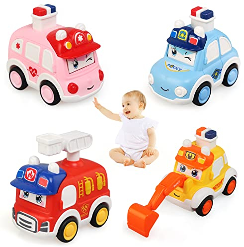 LEADSTAR Baby Spielzeugauto ab 3 Jahre,4er Kinder Auto Spielzeug Aufziehauto ab 3 4 5 Jahr,Jungen Mädchen Spielzeug Bagger Feuerwehrauto Geschenkideen