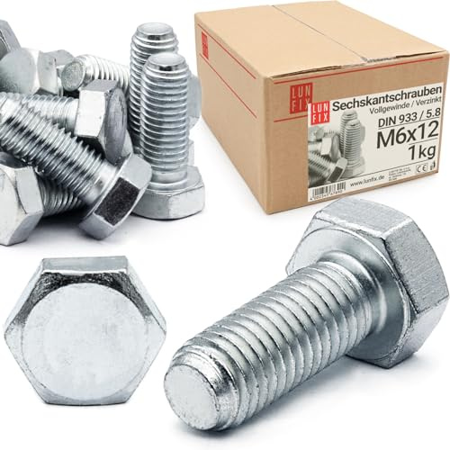 Vite testa esagonale M6x12 DIN 933 Filo pieno-FK 5.8-zincato acciaio resistente, bulloni m6 per fissaggi, viti per montaggio tecnica robusta 225 pezzi per officina e lavori Lun Fix