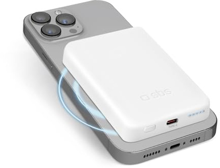 SBS Powerbank Akku-Pack 5000 mAh, kompatibel mit MagSafe, kabelloses Laden, USB-C-Anschluss, Status-LED, universell für iPhone, Samsung, Xiaomi, Oppo, weiß
