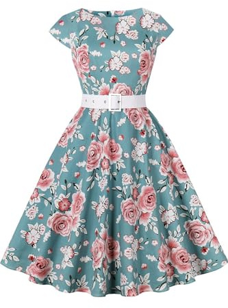 AXOE Femme Robe Vintage Années 50 Tissu Coton Respirant Coupe A-Line Ceinture Amovible Col Bateau Elegant Motif Floral F05, Taille 42, L
