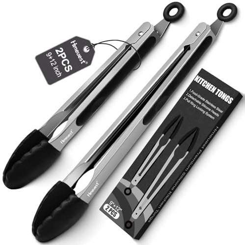 Hmeuest Kitchen Tongs, 9 & 12 inch Silicone tip Tongs, Non Slip & Stainless Steel Tongs Kitchen for Cooking, Salad, Pasta, BBQ, Serving (Black, 2 pcs)