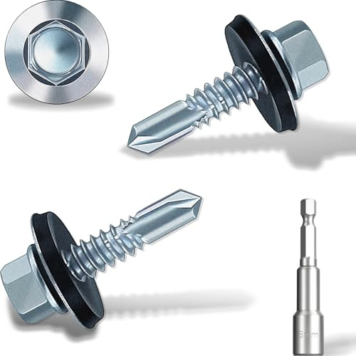 5.5x19 mm Self-Drilling Roofing Screws, 80 pcs Hex Head Self Tapping Screws, Hex Head Self-Drilling Roof Screws with Rubber Sealing Washer. with Hex Socket, Zinc Plat.
