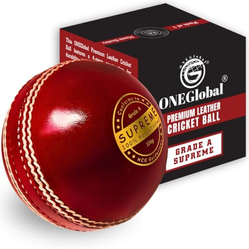 ONEGlobal Supreme - Pelota de críquet de piel auténtica de 5.5 onzas, cosida a mano, 4 piezas de 156 g, pelotas de críquet duras de grado A (1 rojo)