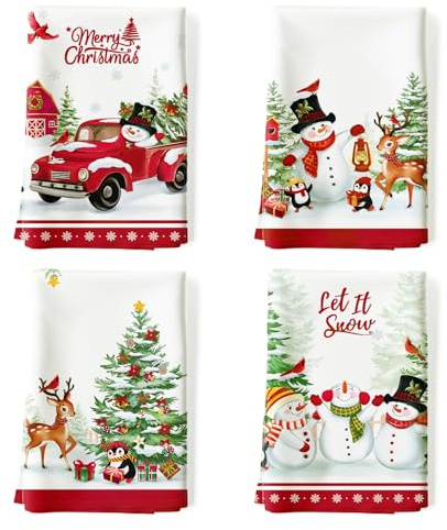 Arquiel Set di 4 Strofinacci Cucina Albero di Natale Strofinacci Cotone 100% Pupazzo di Neve Assorbente Canovacci Decorazione Regali di Vacanza 48 cm x 70 cm