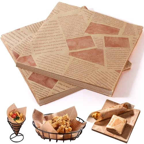 250 Pcs Greaseproof Parchment Paper Sheets, 18 * 18cm Newspaper Printing Style Baking Paper Sheets, Waterproof Food Grade Wrap Paper for Bread Sandwich Burger Fries