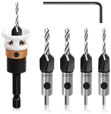 prota Foret à Fraiser Bois Jeu de Forets à Chanfreiner, Fraises à Chanfreiner 4 Pcs Mèches à Fraiser Remplaçables Avec Butée de Profondeur et Clé Hexagonale Profondeur de Coupe Réglable