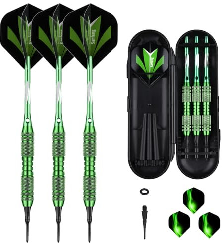 sanfeng Dartpfeile Kunststoffspitze 20 Gramm mit Grün Plattiert Brass Barrel für Elektronische Dartscheibe, 50 Anti-Lose Gummiringe 6 Standard Flights 50 Spitzen