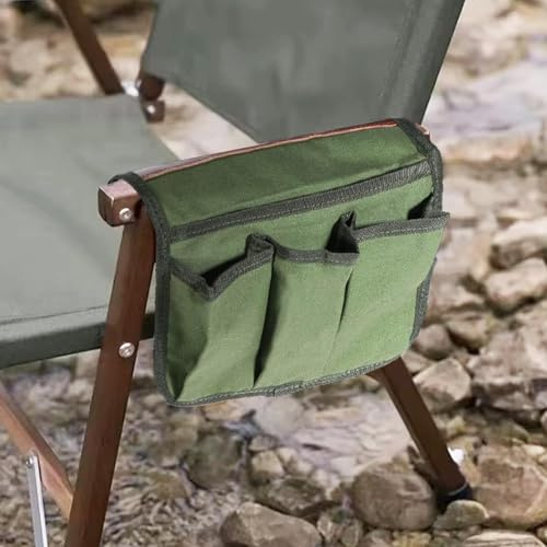 SHINETEC Borsa portaoggetti per braccioli per sedia da campeggio, con 4 tasche, per riporre riviste, bevande, snack, 33 cm di lunghezza x 25 cm di larghezza (verde militare)