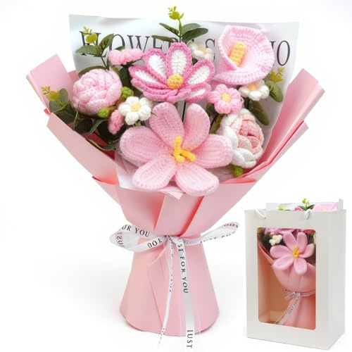 AIGOCITY Crochet Flowers Bouquet,Hand Knitted Rose Crochet Flower Bouquet for Home Decor Anniversary Weddings Birthdays Mother's Day with Gift Bag and Greeting Card, Pink