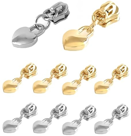 Durlo Lot de 10 tirettes de fermeture éclair n° 3 en nylon en forme de cœur, pour remplacer les fermetures éclair des vestes, bagages et sacs (argent et or)