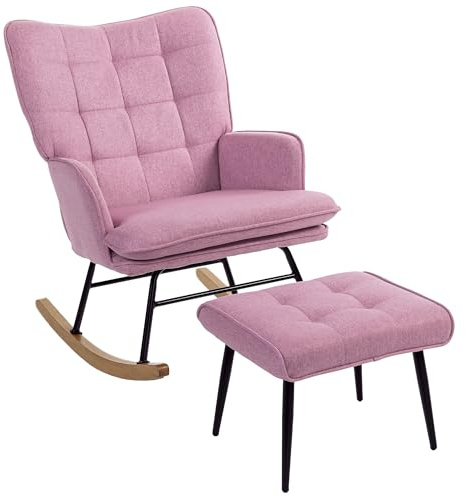HOMCOM Silla Mecedora con Reposapiés, Sillón de Relax, con Cojín Acolchado, Respaldo Alto, Reposabrazos y Patas de Madera, Carga 130 kg, para Salón, Dormitorio, Rosa