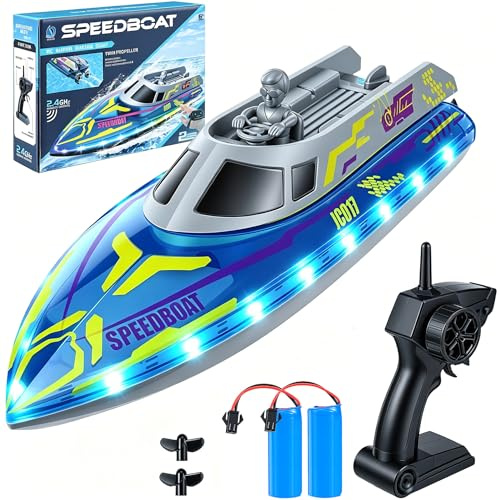 Yaskyly Barca Telecomandata, Barca RC con luce LED per Bambini, 30+ Minuti, 25+ KMH, 2.4GHz Barche da Corsa,2 Batterie,Giocattoli da Piscina per Bambini, Barca ad Alta Velocità per Lago/Piscina/Stagno