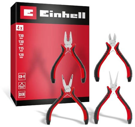 Original Einhell Feinmechaniker-Zangen-Set 4-tlg. (Seitenschneider, Kombizange, Spitzzange, Rundzange, CV-Stahl, gehärtet, Blattfeder, ergonomische Griffe)