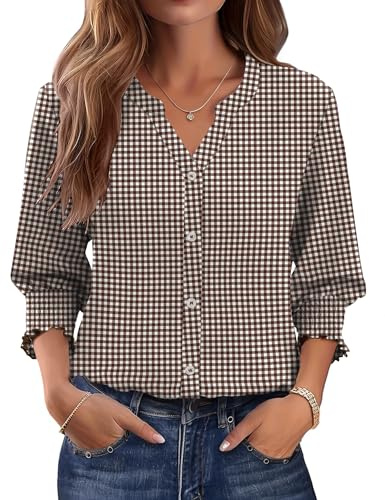 Rapbin Haut pour femme manches 3/4 col en V chemisiers vêtements d'été blouses boutonnées tuniques hauts de travail bureau t-shirts vêtements, Motif à carreaux - Rouge, XL
