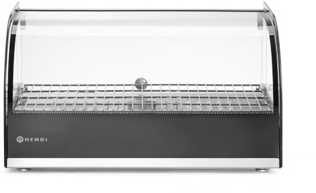 HENDI Warmhaltevitrine, Temperatur regelbar bis 85°C, große Glasture, mit heraunehmbarer Krümelschublade, inklusive feinmaschigem GN 1/1 Rost, einzeln, 230V, 400W, 554x376x(H)311mm, Edelstahl