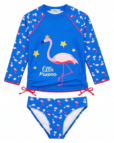 weVSwe Flicka baddräkt UPF 50+ skydd långärmad tvådelad rosettknut badmode Rash Guard volanger sällsynta summanschetter, Blå flamingo, 10 År