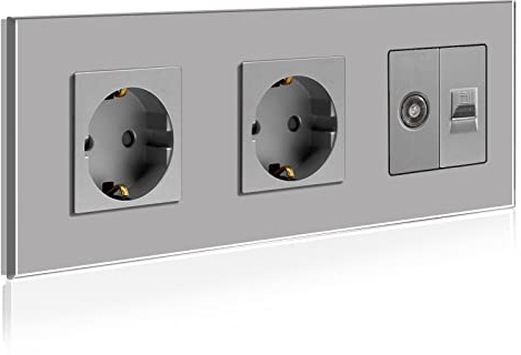 BSEED Schuko Steckdose mit 1/2 PC mit TV Grau Glas Panel Steckdose Glas TV antenna coaxial and RJ55 Cat5e Ethernet 16 Amp Steckdose 228mm Doppelt Wandsteckdose Verlängerungssteckdosen