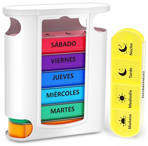 Opret Pastillero Semanal 4 Tomas Español, Pastillero Diario Grande 7 Dias, Dosificador de Comprimidos con 28 Compartimentos, Organizador de Pastillas para Viaje