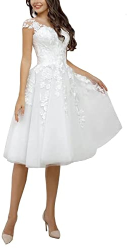 Beyonddress Dam tyll spets brudklänningar bröllopsklänningar eleganta korta applikationer borgerlig sammet midi brudklänningar, Vit 06, 50
