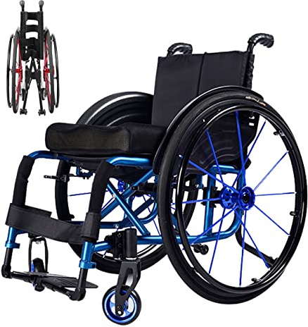Folding Sports Wheelchair, Lightweight Wheelchair for Adults, Adjustable Footrest and Seat Height, Prevent Rear Tilt, Outdoor All Terrain Wheelchair with Safety Belt ( Color : Blue , Size : Sitting Wi