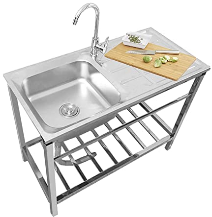 Évier avec robinet avec Plate-Forme D'exploitation, Évier Inox Autoportant avec Robinet et Support,Évier Utilitaire Plonge Inox pour Cuisine, Restaurant, Garage, Jardin (Color : Single cold)