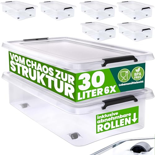Deuba® Aufbewahrungsboxen 6 x 30l mit Deckel und Rollen, stapelbar, transparent Kunststoff BPA-frei Klickverschluss, RB60 für Büro, Garage, Waschraum