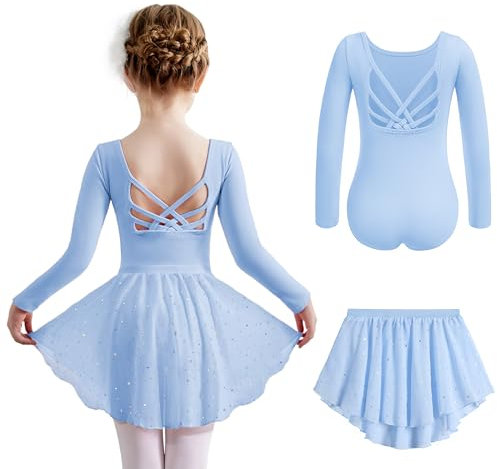 Arshiner Ballettkleider Mädchen Langarm Ballettkleidung Baumwolle Tanzkleider Einfarbig Ballettanzug Kinder Balletttrikot mit Tüllrock Blau 130/3-4Jahre