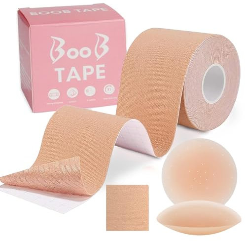 Frizco Boob Tape with 2pcs Silicone Nipple Covers, Boobtapes for Dresses, Invisible Booby Tape, Adhesive Breast Lift Bra Tape for Large Breasts A-G Cup, Skin Friendly Tit Tape Beige