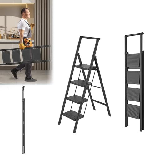 Lars360 Scala pieghevole a 4 gradini con corrimano, antiscivolo, portatile e stabile, per casa e ufficio, con portata fino a 250 kg, nero