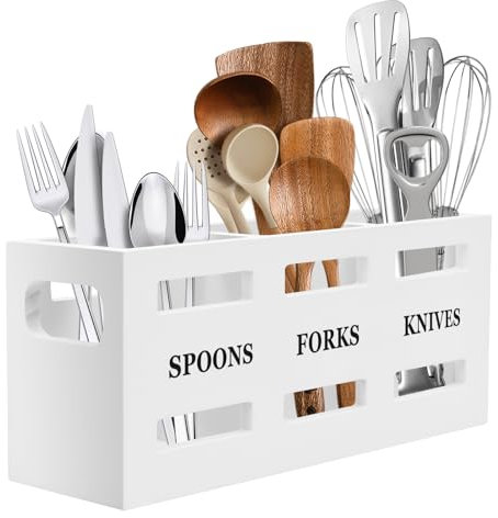 Yiomxhi Portautensili da Cucina per Piano di Lavoro, Grande 3 Scomparti Porta Utensili Scolaposate in Legno, Organizer per Utensili Posate da Appoggio (Bianco)