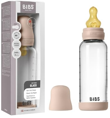 BIBS Baby Glass Bottle. 240ml. Anti-Colic. Vented Round Natural Rubber Latex Teat. Supports Natural Breastfeeding, Medium Flow, Complete Set - 240 ml, Blush