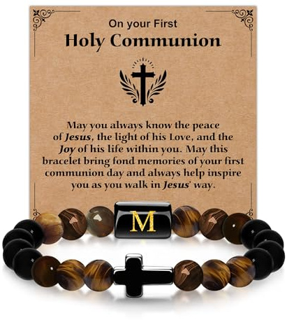 Casxyue First Holy Communion Gift For Boys Cross Bracelets With Initial For Son Grandson Confirmation Christian Gifts (M)