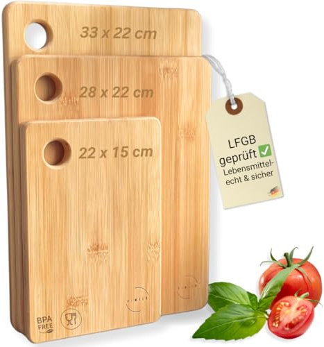 KIMIJO Bambus Schneidebrett 3er-Set - Robust & nachhaltig - Brotbretter & Servierbretter - 33x22 cm, 28x22 cm, 22x15 cm, extra 1,5 cm stark