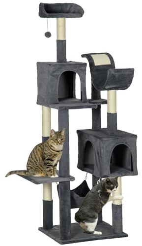 PawHut 177cm Cat Tree for Indoor Kittens, Mult-level Cat Climbing Tower with Two Kitty Houses, Scratching Posts, Toy Ball, Perches, Dark Grey