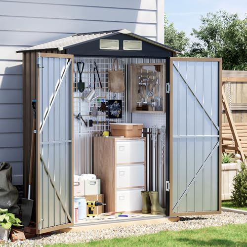 Grovellis 5 x 3 FT Metal Storage Shed for Backyard, Brown