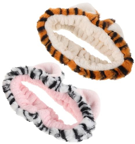 GAROZATION Bandeau Maquillage 2 Pièces Éponge Tigre pour Bain Spa et Application Masque Visage Femmes Filles Oreilles Animaux Élastique