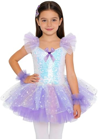 ranrann Enfants Robe De Danse De Jazz pour Filles avec Paillettes Vêtements Ballet Justaucorps Ballet Danse Costume pour Party