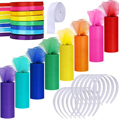 Supla 8 Colors Rainbow Tulle Rolls Tulle Netting Fabric Spool in 6 Wide 25 Yard/roll and 8 Colors Satin Roll Satin Ribbons in 2/5 Wide 25 Yard/roll and 12 Plain No Teeth Plastic Headbands 1 Craft