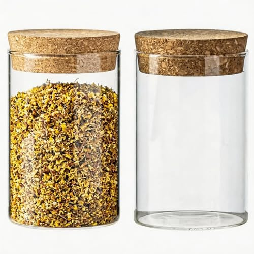 2 bottiglie vuote in vetro trasparente da 300 ml con tappo in sughero, riutilizzabili, per alimenti secchi, fiori, tè, frutta, noci, caramelle e altri piccoli oggetti