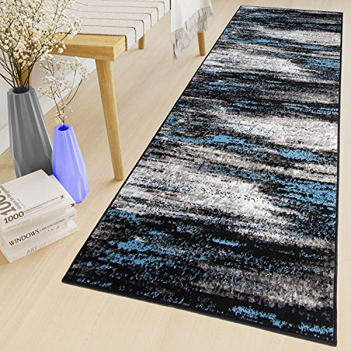 TAPISO Maya Teppich Läufer Meterware Kurzflor Wohnzimmer Flur Küche Modern Brücke Grau Blau Schwarz Verwischt Meliert Design ÖKOTEX 70 x 200 cm