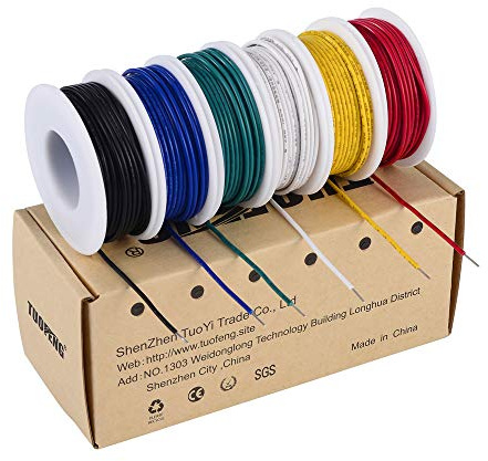 TUOFENG 22 AWG Wire Solid Core Hookup Wire, 6 Different Colored Breadboard Wires 30ft Each, Electronic Wire with PVC for Arduino