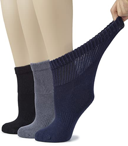 Hugh Ugoli Women's Cotton Diabetic Ankle Socks, Wide, Loose & Stretchy, Seamless Toe & Non Binding Top, 3 Pairs, Black/Grey/Navy Blue, Shoe Size: 6-9