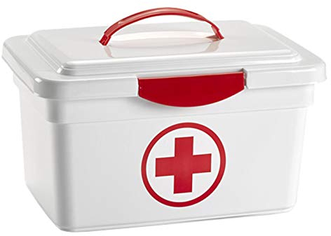 Tradineur - Caja de plástico de almacenamiento con asa y cierre frontal 8 litros, diseño botiquín de primeros auxilios, recipiente ordenación, almacenaje objetos