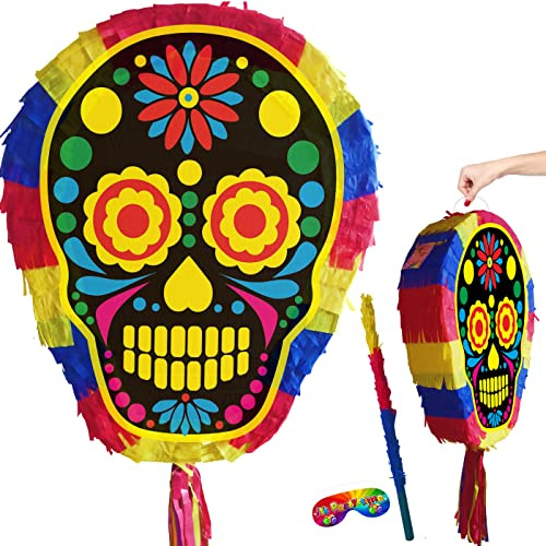 Piñata tête de mort avec bâton et bandeau pour les yeux