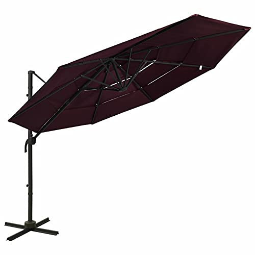 Tidyard Sombrilla de Jardín Sombrilla de 4 Niveles con Poste Aluminio Burdeos 3x3 m,Parasol de Aluminio Inclinable con Techo de Ventilación y Manivela para Terraza Balcón Exterior Café