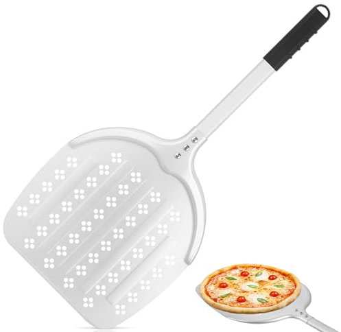 CRROEL Perforierter Pizzaschieber,12 Zoll harteloxierte pizzaschaufel mit Verbrühungshemmend Griff, Pizzaschieber Perforiert für hausgemachte Pizza,Brot,Kuchen